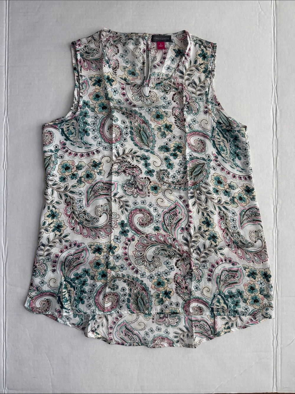 Vince Camuto White Paisley Floral Blouse with Teal and Pink Accents
